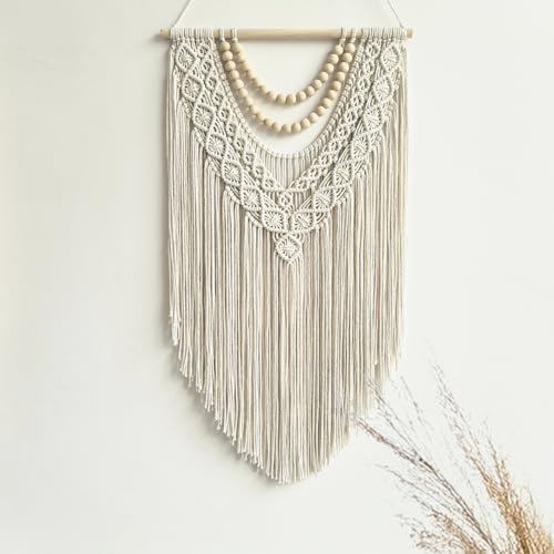 guzhiou Macrame Wall Hanging Boho Geometric Woven Tapestry Cotton Handmade Bohemian Art Decor with Wood Bead Wall Decor for Bedroom Living Room Apartment Nursery 31.5 L x 17 W (Wood bead-B)