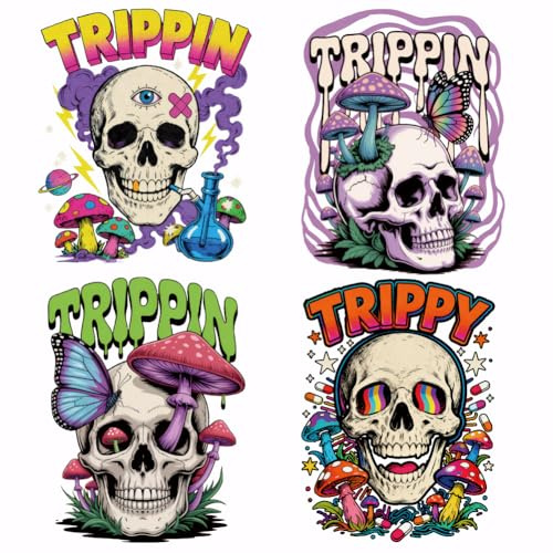SUPERDANT 4 calcomanías de transferencia de calor coloridas con diseño de calavera Trippin para planchar en camisetas, transferencias DTF, listas para presionar, para ropa, sudaderas con capucha