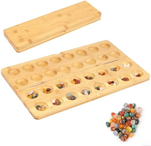LIULINY Steinchenspiel, 65 Juwel Kalaha Spiel, Mancala Kalaha Faltbar | Leicht zu Tragen Strategiespiele, Edelstein Match Schach,für Kinder Erwachsene Spannendes Strategiespiel aus Holz