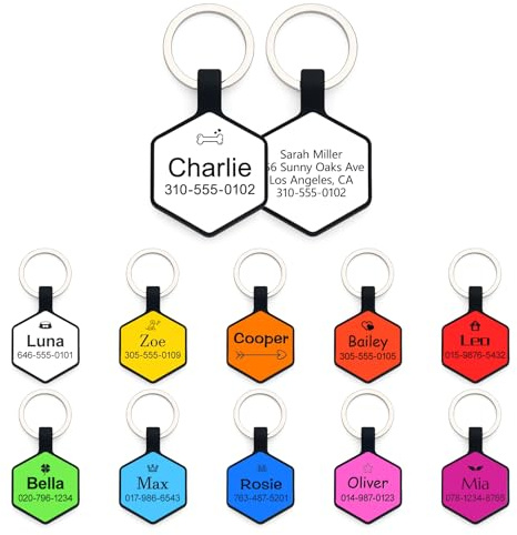 Dog Tags for Pets Engraved UK, Personalised Dog Tag with Any Name & Text, Custom Dog Name Tag for Pet Dogs, Soundless No More Jingling Dog Id Tags for Dogs (Hexagon Style, White)