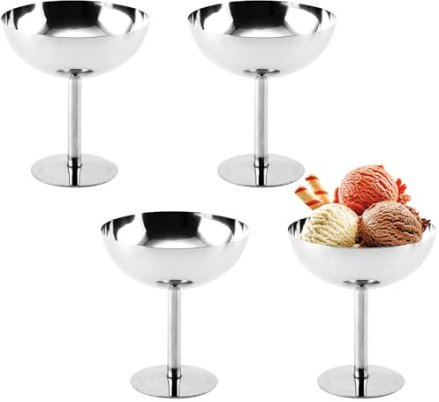 Mocifa 4 Pièces Coupes à Glace en Acier Inoxydable 300 ml Coupe à Glace Inox Sur Pied Bols à Dessert en Acier Inoxydable Bol à Crème Glacée pour Dessert Pudding Yaourt Fruits (10.7 x 11.5 cm)