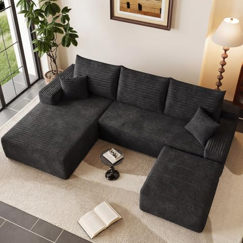 95 Boneless Cloud Couch Sectional Couches Sofa for Living room | Modular U-Shaped Couch, Comfy Modern Corduroy Memory Foam Sofas with Ottoman, Oversized Chaise (Black, Left-Facing Chaise)