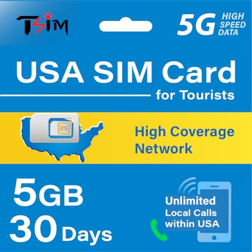 Tarjeta SIM de EE. UU. para turistas: 30 días con 5 GB de Datos en una Red de Alta Cobertura | Llamadas Locales ilimitadas Dentro de EE. UU. | Tarjeta SIM 5G Mejorada con Hotspot y tethering.