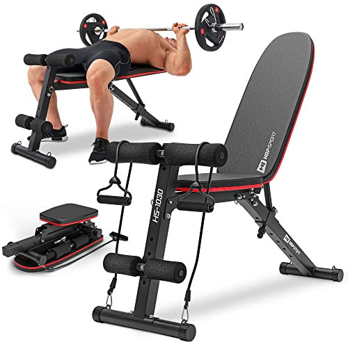 Hop-Sport Hantelbank, Klappbare Trainingsbank mit Beinfixierung, 6-fach Verstellbare Rückenlehne, Inkl. Expanderseile, Fitnessgeräte für Zuhause, 220 kg Max. Belastbarkeit