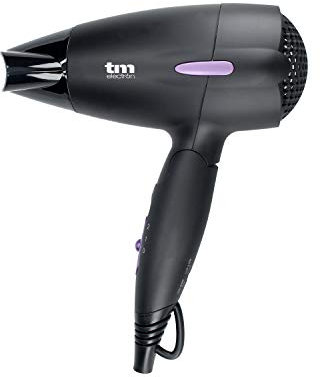 TM Electron TMHD110 - Secador de pelo de viaje plegable con proteccion por sobrecalentamiento y boquilla concentradora estrecha, 1500 W, Negro