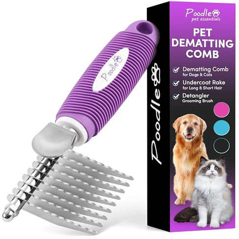 Poodle Pet Dematting Fur Rake Comb Brush Tool with Long 2.5” Steel Safety Blades for Detangling Matted or Knotted Undercoat Hair, Safe Grooming Accessories for Dogs, Longhaired Cats, Rabbits, Horses