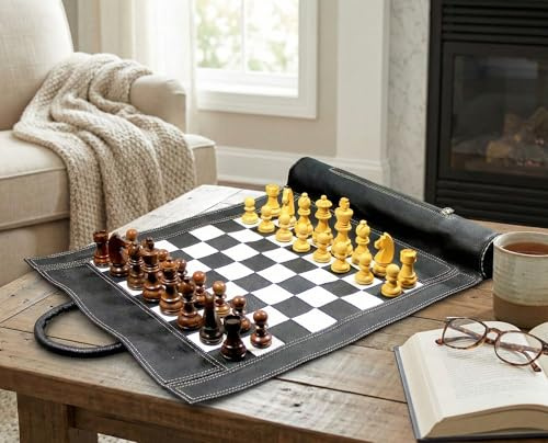 Stonkraft 19 x 15 Schachbrett Größe 12 x 12 echtes aufrollbares Leder-Schachspiel mit Schachfiguren aus Holz (Schwarz) - Leather Chess with Innovative Carry Pouch