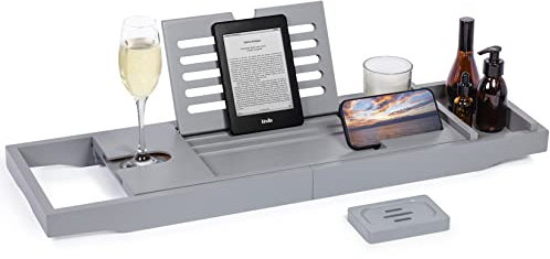woodluv Bath Tray, Extendable Bath Caddy Trays for Bathtub Accessories with Tablet Phone Slots, Candle Mug/Cup Holder, Bathroom Organiser, Bath trays for across the bath with Soap Holder, Grey