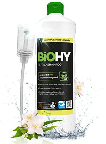 BiOHY Shampoo per tappeti (Bottiglia da 1l) + Distributore | Concentrato detergente efficace | ideale per rimuovere le macchie ostinate | ben tollerato dagli animali (Teppichshampoo)