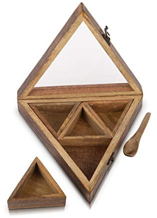 Handmade Wooden Seasoning Herb Spice Masala Box Container Holder Rack Stand Caddy With Spoon & Clear Lid Decorative Storage Chest Organizer For Kitchen Pantry Cabinet Drawer Storage