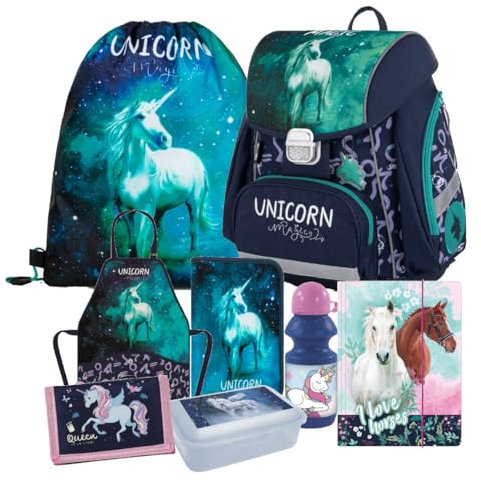 Einhorn Unicorn Pegasus Pferd Pony Horse 8 Teile Set SCHULRANZEN Ranzen FEDERMAPPE TORNISTER Rucksack mit Sticker-von-Kids4shop Tasche