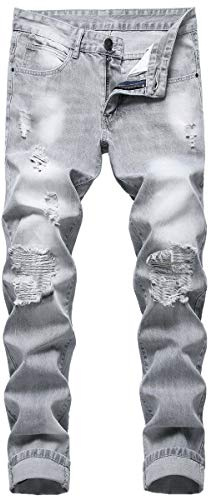 LZLER Men Jeans Straight Regular Stretch Streetwear Grey Ripped Jeans Men 5-Pocket Zipper Biker Size 38