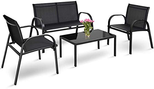 RELAX4LIFE Tavolo e Sedie da Esterno, Tavolino Salotto con Piano in Vetro, Telaio in Metallo, Panchina per Giardino in Tessuto Impermeabile e Anti-UV, Traspirante, Set di 4 Mobili per Esterno (Nero)