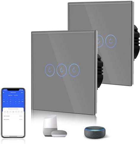 BSEED Interruptor Inteligente WIFI,Interruptores Tactil Con Cristal,Compatible con Alexa,Tuya y Smart Life,Requiere Cable Neutro,3 Gang 2 Vía - 2 Paquetes,86mm Gris