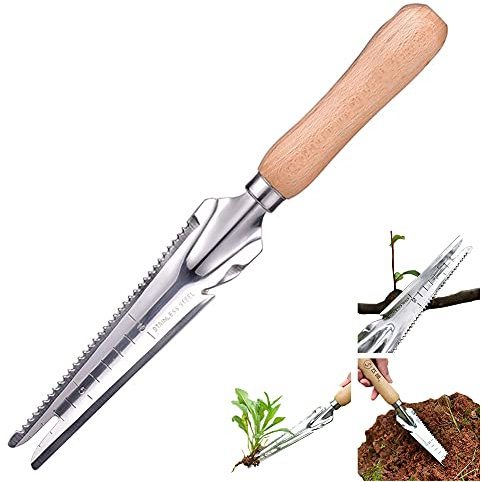 ACHANFLY Garden Weeding Tools Stainless Steel Manual Garden Tools Weed Remover Wood Handle Dandelion Hand Weed Puller Tool with Serration and Scale for Yard Farmland Transplant Cultivating Gadgets