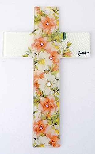 Glas-Kreuz mit Blumen-Motiv ca. 21 x 13.5 cm