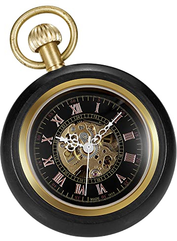 Tiong Elegante Kupfer Holz Mechanische Taschenuhr Skelett Römische Ziffern Männer Taschenuhren mit Kette-Box