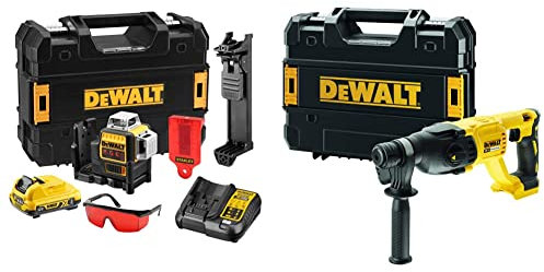 DeWalt DCE089D1R-QW Láser autonivelante de 3 líneas de 360º - Incluye batería DW 10 + DCH133NT-XJ - Martillo electroneumático sin escobillas XR 18V SDS-Plus 2 sin cargador/batería