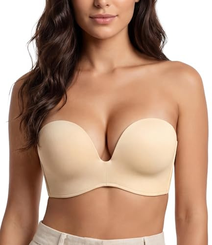 Lemorosy Push up Strapless Bra Women's Anti-Slip Invisible Seamless Wireless Lift Support(Beige,36DD)