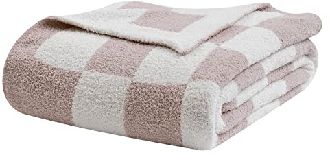 bearberry Fuzzy Checkerboard Grid Throw Blanket Knitted Soft Cozy Warm Microfiber Blanket Decor for Couch Sofa Bed Travel Home (Cream, 40''x50'')