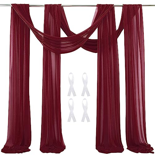 auons Hochzeit Bogen Sheer Vorhänge Hintergrund, 600x75cm Voile Vorhang Chiffon Drapierung, Tüllstoff Vorhänge Arbor Draperie für Hochzeitszeremonie Empfang Party Deckendekor, Weinrot, 2 Panels
