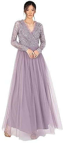Maya Deluxe Women's Maxi Ladies Embellished Wrap Tulle Frilly V-Neck Long Sleeve for Wedding Guest Bridesmaid Prom Ball Gown Dress