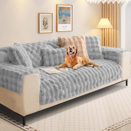 Kaninchen Plüsch Sofabezug L Form 1/2/3/4 Sitzer Sofa Überzug Ecksofa U Form, Neue Universelle Rutschfeste Sofaschoner, Superweiche SofaÜberwurf aus Kunstpelz für Wohnzimmer(Hellgrau, 90 * 90cm)