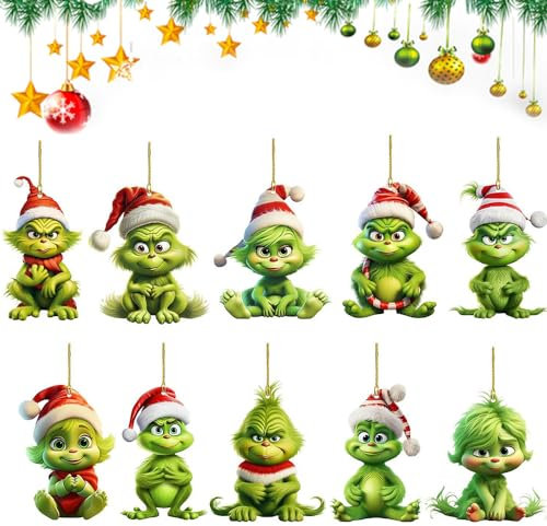 Magro 10 x Weihnachtsbaum-Acryl-Anhänger, niedlicher Cartoon-Grinch-Weihnachtsschmuck, lustiges grünes Weihnachtsbaum-Zubehör