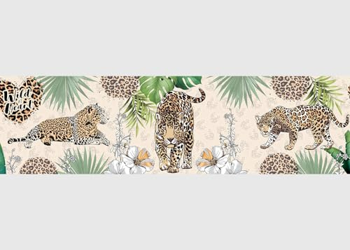 AG Design Selbstklebende Bordüre Wilder Leopard, AWB 8264 | Wasserfest Dekoration für Wände, Möbel, Tapeten, Wandverkleidungen und Türen, Folie, Mehrfarbig | Breite 500 cm x Höhe 13.8 cm