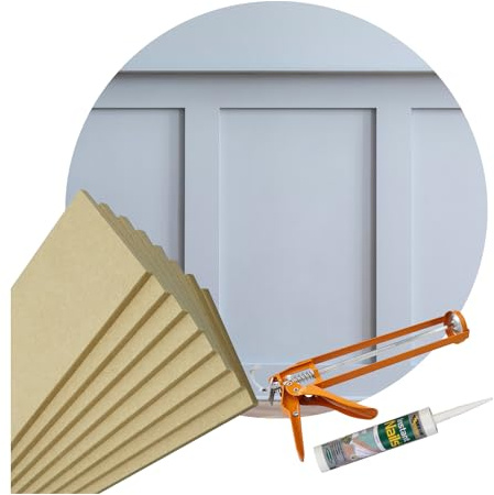 Slimline Shaker Style Wall Ultimate Panelling Kit Pk 10 1000 x 100 x 9mm Vertical MDF + 10 x 500 x 100 x 9mm Horizontal MDF Panels, Feature Wall Stripwood Pack & Adhesive Included + Sealant-Gun
