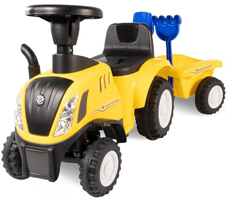 Lemodo Rutschauto Traktor New Holland ab 1 Jahr | Kinderauto mit Anhänger | Rutschfahrzeug mit Schaufel und Rechen | Kinderfahrzeug in gelb | Rutscher mit Sound, Licht | Lizenziertes Kinderspielzeug