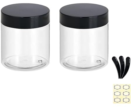 Apstaqeoo Lot de 2 bocaux vides en plastique avec couvercles noirs, 250 ml, transparents et ronds pour crème pour le visage, cosmétiques, cosmétiques, gommages, échantillons, maquillage