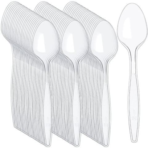 Tezraftaar® 100 x Tithe Reusable Clear Spoons Plastic Cutlery Perfect for Party Tableware Picnic Weddings Camping Birthday Parties