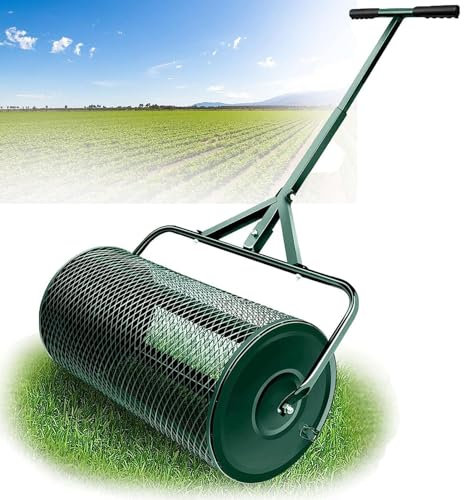 Spargitore per prato e giardino, Spargitore a spinta con cestello in rete metallica 40*60 cm, Muschio di torba per compost, Terreno superiore, Pacciame, Rullo spargiletame multiuso leggero green