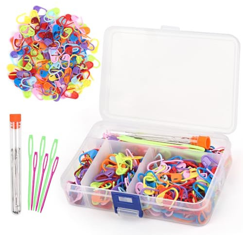 Coopay Lot de 300 marqueurs de mailles multicolores et 15 aiguilles à coudre - Accessoires de tricot et crochet avec boîte de rangement
