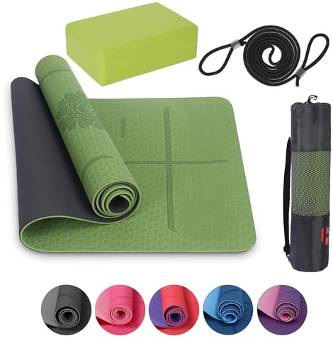 Habib Yogamatte Set mit Yogablöcken – Rutschfeste gepolsterte Fitnessmatte inkl. Tragetasche mit Schultergurt – 2er Set Blöcke für Pilates, Meditation & Erholung