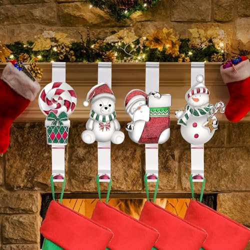 EBANKU 4 Soportes para Calcetines Navidad Chimenea, Ganchos Plateados Antideslizantes y Resistentes para Decoración Estantes Navideños