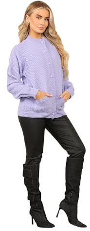 click2style Chunky Pattern, Knitted Cardigan, Crew Neck, Long Sleeve, Button Closure, Acrylic Material, Available in 10 Colours (UK, Alpha, S, Regular, Regular, Lilac)