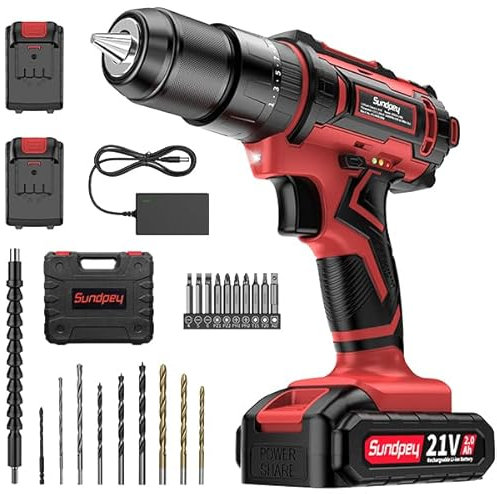 Taladro Percutor a Bateria 21V - Sundpey 45Nm Max Taladro Atornillador Bateria con 2 Baterías 2000mAh, 25+3 Ajuste de Par, 2 Velocidad, LED Luz Para Hogar, Bricolaje