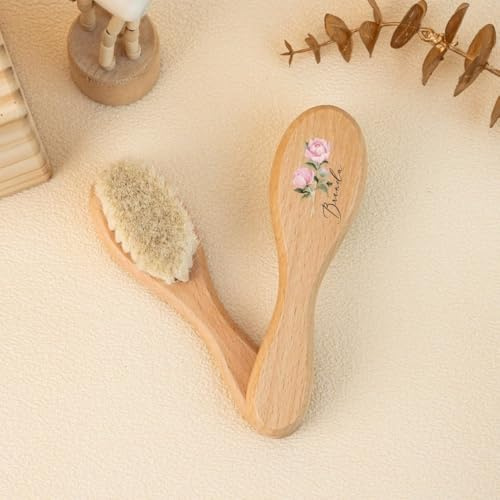 Babyhaarbürste mit Blumenmotiv, personalisierbar, personalisierbar, Baby-Bürste aus Holz, 1 Stück