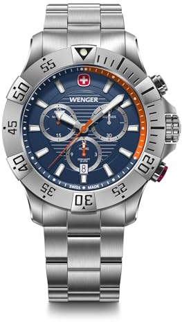 Wenger Reloj de Pulsera de Hombre Terragraph, Ø 43 mm, Swiss Made, Cuarzo analógico, Sumergible hasta 200 m, Pulsera de Acero Inoxidable, Azul/Plateado
