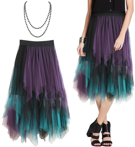 Vulevirtue Gonna in Tulle da Donna a Pieghe a Rete Irregolare, Gonna Midi Bohemien a Vita Alta in Linea A per Quotidiana, Prom, Party