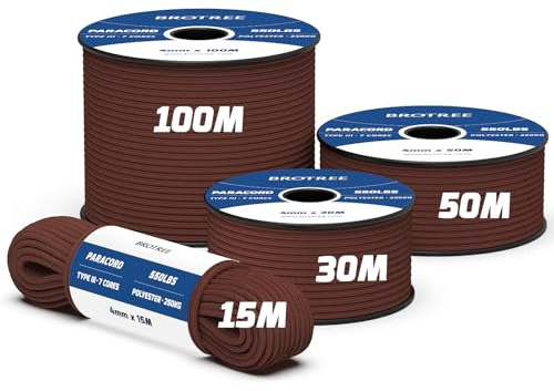 Brotree 550 Paracord 4mm 30m 100% Polyesterrep 7 Trådar Fallskärmslina Typ III Snöre Sladd för Utomhus, Camping, Hundkoppel, Överlevnad, Hantverk - 250kg Brottlast (Chokladbrun)