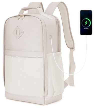 WANDF Laptop Rucksack, 15,6-Zoll Laptop Schulrucksack für Damen und Herren, Untersitz Reise Handgepäck Tasche mit USB-Ladeanschluss, Wasserdicht Daypack Easyjet Handgepäck 45x36x20cm (Beige)