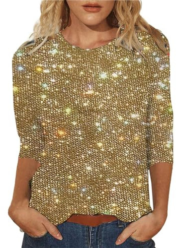 Maglia Da Donna Paillettes Casual Elegante Con Lustrini Camicia Brillantini Girocollo Taglie Forti Capodanno Maglia Glitter Maniche 3/4 Curvy Tops Cocktail Per Feste E Serate Cerimonia Blusa 2025