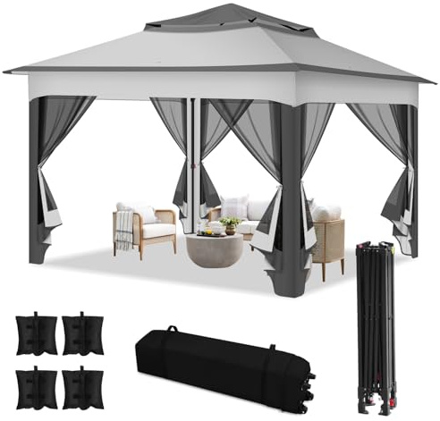 Fiqops Pavillon 3x3m Wasserdicht Stabil, GartenPavillion Doppeldach Pavillon, Metallrahmen Pavillon, Plane Partyzelt Gazebo für 2-4 Personen, Grau