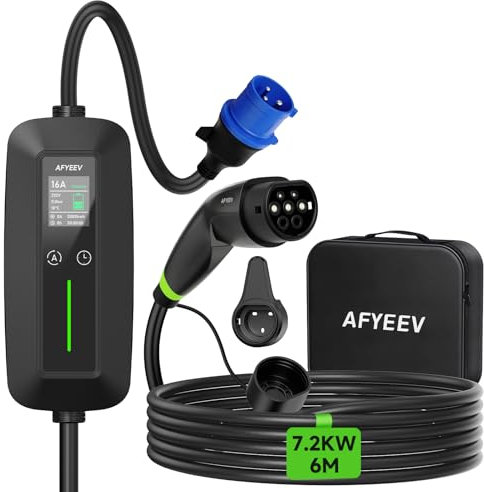 AFYEEV Cavo di ricarica tipo 2 con spina CEE 6 m [7,2 kW 6-32 A 1 fase], cavo di ricarica auto elettrica tipo 2 Schuko, corrente regolabile 6/8/10/13/16/20/24/32A, caricatore EV per IEC 62196-2