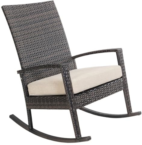 Ogarden Rocking Chair, Garten schaukelstuhl wetterfest, Poly Rattan Outdoor Schaukelstuhl, Schaukelsessel mit Kissen, für Garten, Terrasse, Balkon, Gartenstuhl (Hellbraun - Khaki Kissen)