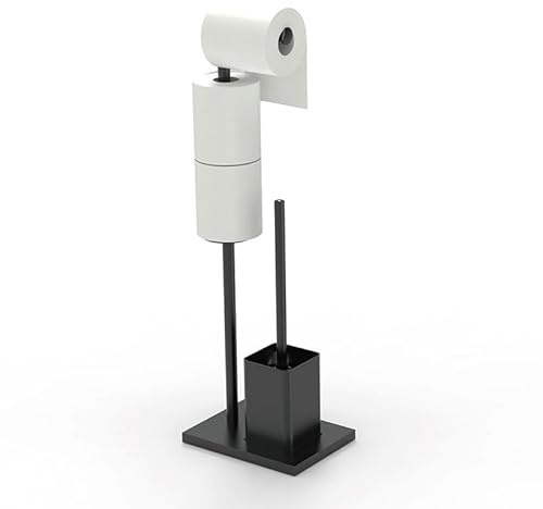 YUET Porte Papier Toilette sur Pied avec Brosse WC, Support de Rouleau de Papier Toilette avec Réserve en Acier Inoxydable, Dérouleur sans Perçage (Noir Mat)