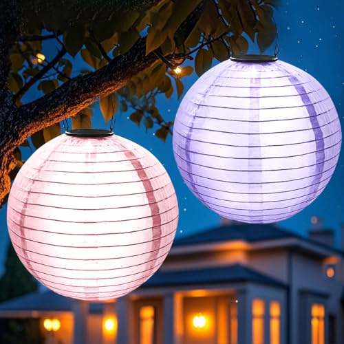 Garten Solarlampen für Außen Hängend 2 Stück Warmgelb Solarlaterne für Außen Laternen für Draußen IP65 Wasserdicht Solar Gartenlaterne für Außen Terrasse Rasen Balkon Hof Gartendeko (Pink + Lila)